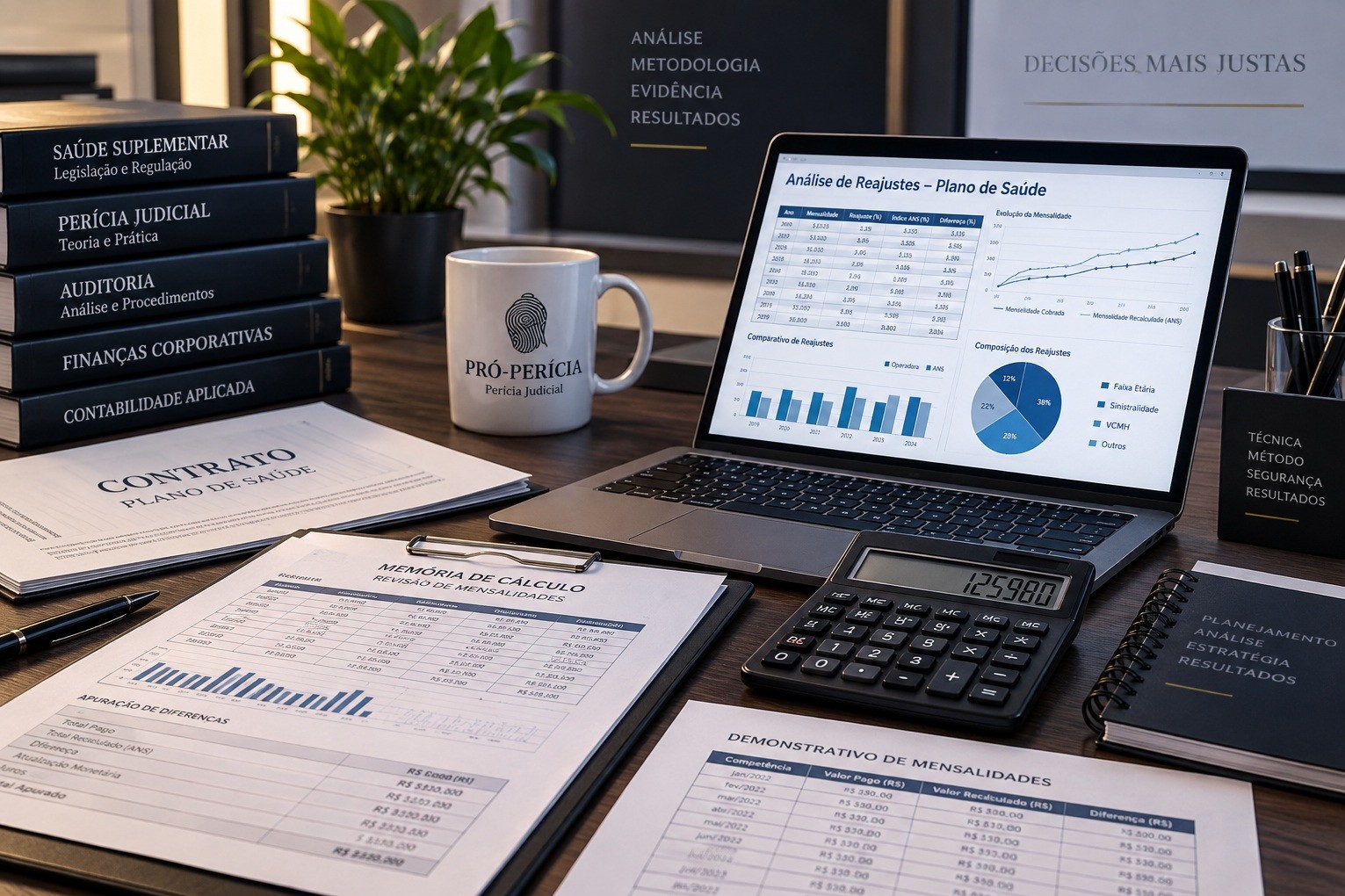 Mesa de trabalho com gráficos e documentos para análise econômico-financeira de reajustes em plano de saúde